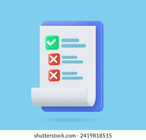 Checklist on 3d clipboard paper. Document in test form with check marks and stripes abstract questions. Cancel and Approved checklist icon. Clipboard and check marks. vector illustration.