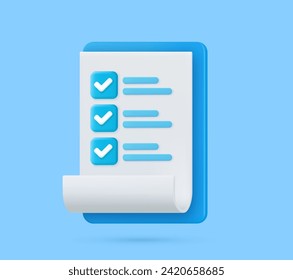 Checklist on 3d clipboard paper. Document in test form with check marks and stripes abstract questions. Questionnaire with notes. Clipboard and check marks. vector illustration.