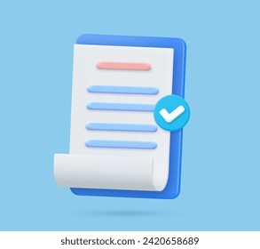 Checklist on 3d clipboard paper. Document in test form with check marks. Confirmed or approved document. Business icon. Clipboard and check marks. vector illustration.