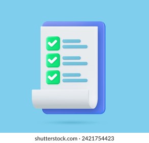 Checklist on 3d clipboard paper. Document in test form with check marks and stripes abstract questions. Questionnaire with notes. Clipboard and check marks. vector illustration.