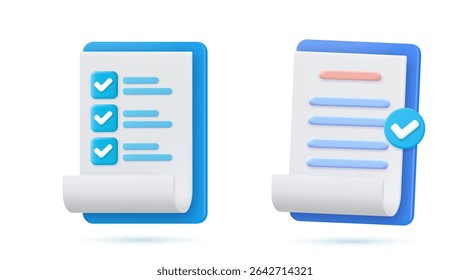 Checklist on 3d clipboard paper. Document in test form with check marks. Confirmed or approved document. Business icon. Clipboard and check marks. vector illustration.