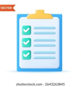 Checklist on 3d clipboard paper. Document in test form with check marks and stripes abstract questions. Questionnaire with notes. Clipboard and check marks. vector illustration.