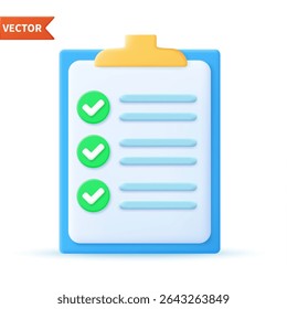 Checklist on 3d clipboard paper. Document in test form with check marks and stripes abstract questions. Questionnaire with notes. Clipboard and check marks. vector illustration.