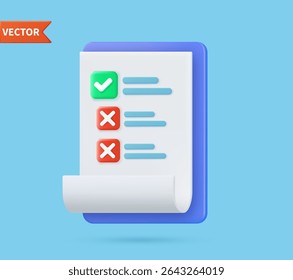 Checklist on 3d clipboard paper. Document in test form with check marks and stripes abstract questions. Cancel and Approved checklist icon. Clipboard and check marks. vector illustration.