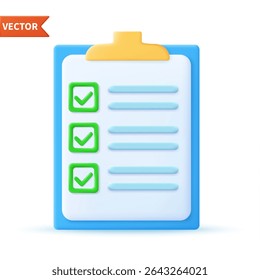 Checklist on 3d clipboard paper. Document in test form with check marks and stripes abstract questions. Questionnaire with notes. Clipboard and check marks. vector illustration.