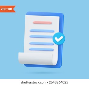 Checklist on 3d clipboard paper. Document in test form with check marks. Confirmed or approved document. Business icon. Clipboard and check marks. vector illustration.