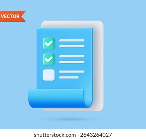 Checklist on 3d clipboard paper. Document in test form with check marks and stripes abstract questions. Questionnaire with notes. Clipboard and check marks. vector illustration.