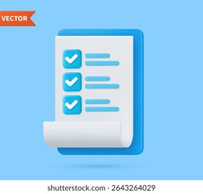 Checklist on 3d clipboard paper. Document in test form with check marks and stripes abstract questions. Questionnaire with notes. Clipboard and check marks. vector illustration.