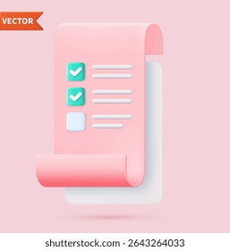 Checklist on 3d clipboard paper. Document in test form with check marks and stripes abstract questions. Questionnaire with notes. Clipboard and check marks. vector illustration.