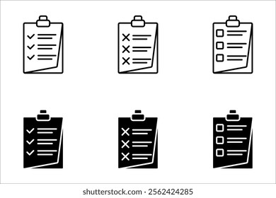 Checklist on Board Line Icons. Set of Clipboard or Document for Note Outline Icon. Business Schedule, Check List on Clipboard with Check Mark Cross.