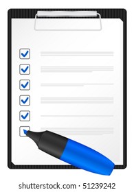 Checklist on clipboard with blue text marker. Vector illustration.