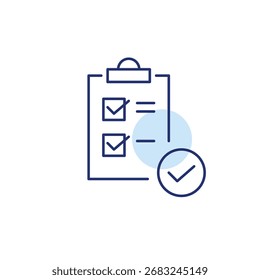 Lista de verificación en el Portapapeles y marca de verificación. Tareas aprobadas, comprobadas correctamente. Icono de Vector de trazo perfecto y editable