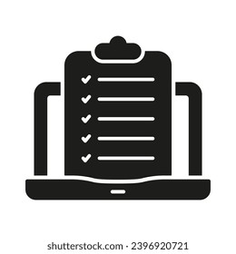 Checklist On Clipboard In Computer Silhouette Icon. Online Test Symbol. Questionnaire List On Laptop Glyph Pictogram. Application Form Solid Sign. Isolated Vector Illustration.