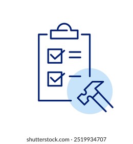 Checklist on clipboard and hammer. Project completion, engineering and construction. Pixel perfect, editable stroke icon