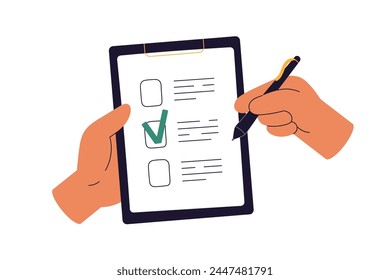 Checklist on clipboard. Hands ticking, marking checkmark on paper check-list. Filling questionnaire, survey form, document, choosing option. Flat vector illustration isolated on white background