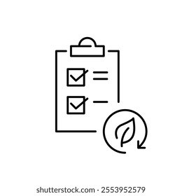 Checklist on clipboard and leaf in recycling arrow. Sustainable task management, eco-conscious organization. Pixel perfect vector icon
