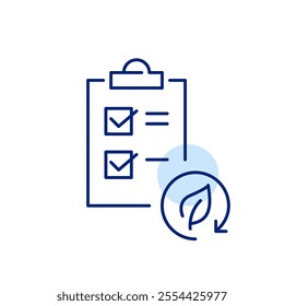 Checklist on clipboard and leaf in recycling arrow. Sustainable task management, eco-conscious organization. Pixel perfect, editable stroke icon