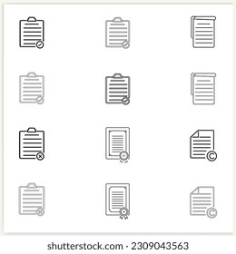 Checklist on the clipboard line icon and documents with checkmarks, checklist, document, gear, and pencil. The clipboard outlines icons. Vector illustration