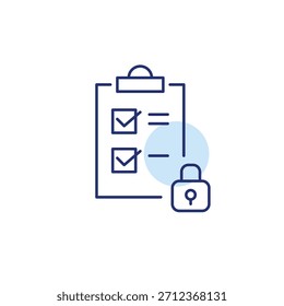 Checkliste in der Zwischenablage und Schloss. Eingeschränkter Aufgabenzugriff. Pixel perfekt, bearbeitbares Strichvektorsymbol