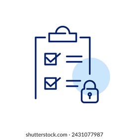 Checklist on clipboard and lock. Secure data. Pixel perfect, editable stroke icon