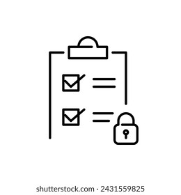 Lista de comprobación en el portapapeles y bloquear. Datos seguros. Icono de vector perfecto
