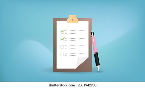 checklist on a clipboard paper with pen 3D style vector illustration. Business concept checklist on blue background. vector 