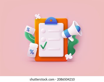 Checklist on a clipboard paper. Promotion and discount Related symbols. 3D Web Vector Illustrations.