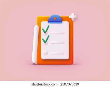 Checklist on a clipboard paper. Successful completion of business tasks. 3D Web Vector Illustrations.