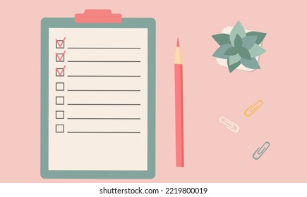 Checklist on a clipboard paper. Successful completion of business tasks. Vector Illustrations.