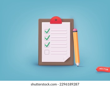 Checklist on a clipboard paper. Successful completion of business tasks. 3D Web Vector Illustrations.