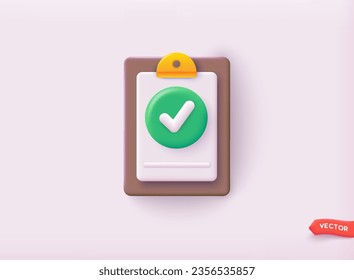 Lista de verificación en un papel del portapapeles. Finalización satisfactoria de las tareas empresariales. Ilustraciones de vectores Web 3D.