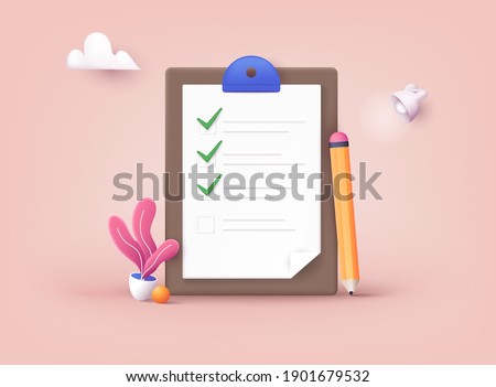 Checklist on a clipboard paper. Successful completion of business tasks. 3D Web Vector Illustrations. ストックフォト © 