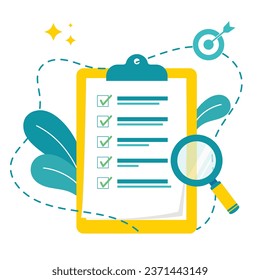 Checklist on clipboard paper. Target completion successful. Flat Vector Illustration.