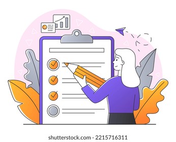 Checklist on clipboard paper. Woman with pencil makes marks, puts goals and marks completed tasks, takes survey. Motivation and leadership. Poster or banner. Cartoon flat vector illustration