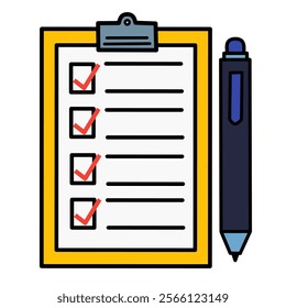 Checklist on clipboard with a pen put alongside. Business check marks box on clip-board icon isolated on white background.