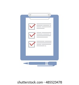 Checklist on clipboard and pen. Vector illustration flat design
