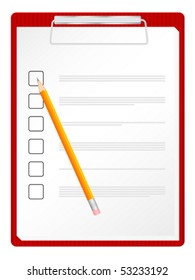 Checklist on clipboard with pencil. Vector illustration.
