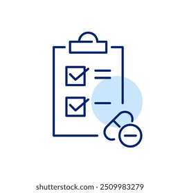 Lista de verificação na área de transferência com pontos marcados e comprimidos. Cumprimento do plano de tratamento prescrito, organizador da rotina de saúde. Pixel perfeito, ícone de traçado editável