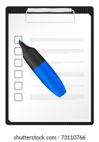 Checklist on clipboard with red text marker. Vector illustration.