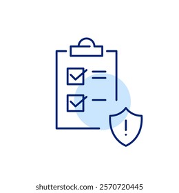 Checklist on clipboard and security shield with exclamation mark. Urgent compliance checklist, secure to-do alert. Pixel perfect, editable stroke icon