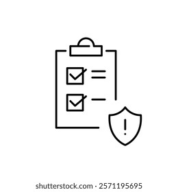 Checklist on clipboard and security shield with exclamation mark. Urgent compliance checklist, secure to-do alert. Pixel perfect vector icon