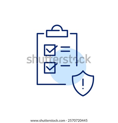 Checklist on clipboard and security shield with exclamation mark. Urgent compliance checklist, secure to-do alert. Pixel perfect, editable stroke icon