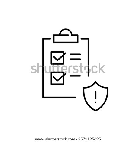 Checklist on clipboard and security shield with exclamation mark. Urgent compliance checklist, secure to-do alert. Pixel perfect vector icon