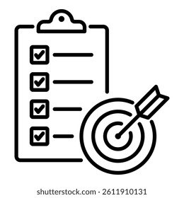 Checklist on clipboard with target and arrow vector illustration, representing goal setting, business strategy and planning