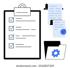 A checklist on a clipboard, two receipts with checkmarks, and a file folder with a gear symbol. Ideal for business efficiency, task management, organization, productivity tools, and office