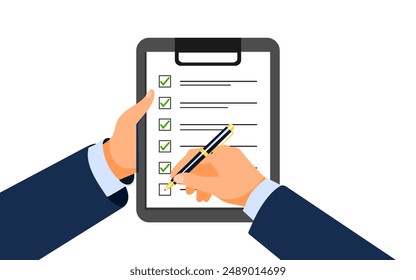 Checklist on clipboard vector illustration. Businessman doing check marks on checklist Clipboard and agreement. businessman, checklist, business checklist, check box	