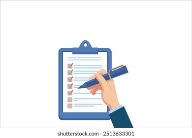 Checklist on clipboard vector illustration. Businessman doing check marks on checklist Clipboard and agreement. businessman, checklist, business checklist, check box. vector illustration.