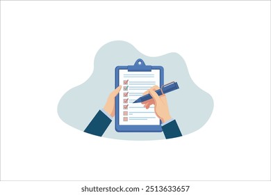 Lista de verificação na ilustração vetorial da área de transferência. Empresário fazendo marcas de verificação na lista de verificação Área de transferência e acordo. empresário, lista de verificação, lista de verificação de negócios, caixa de seleção. ilustração vetorial.