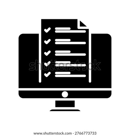 Checklist on the computer screen balck icon. Isolated vector illustration in flat style. Desktop computer with digital questionnaire