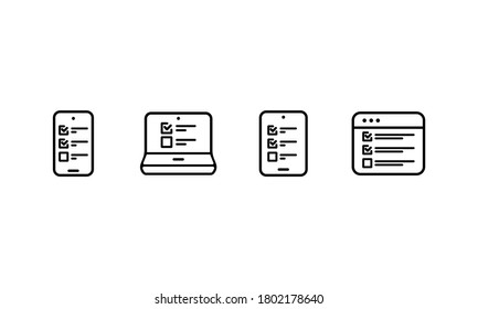 Checklist on gadget icon set. Event reminder. Survey. Mobile computer. Vector on isolated white background. EPS 10.